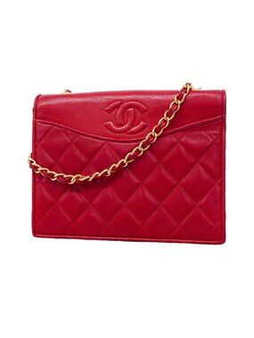 Chanel Shoulder Bag Quilted Lambskin Red Gold